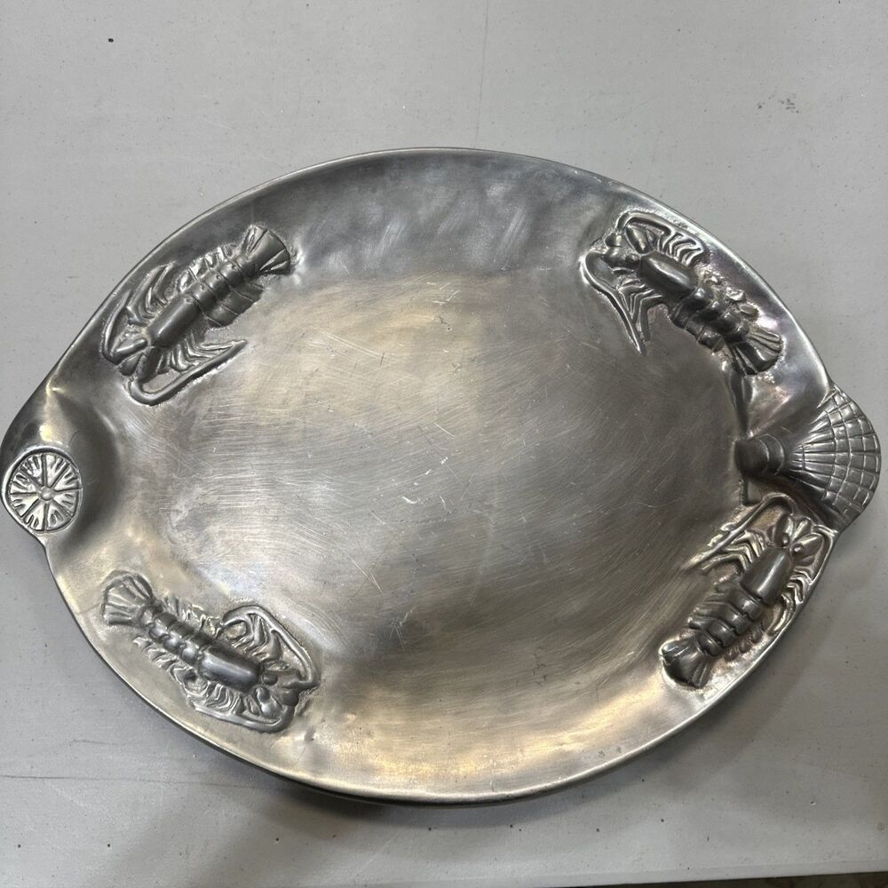 Pewter, Crab, Lobster, Seashell Tray Platter Dish 16x12 Inch